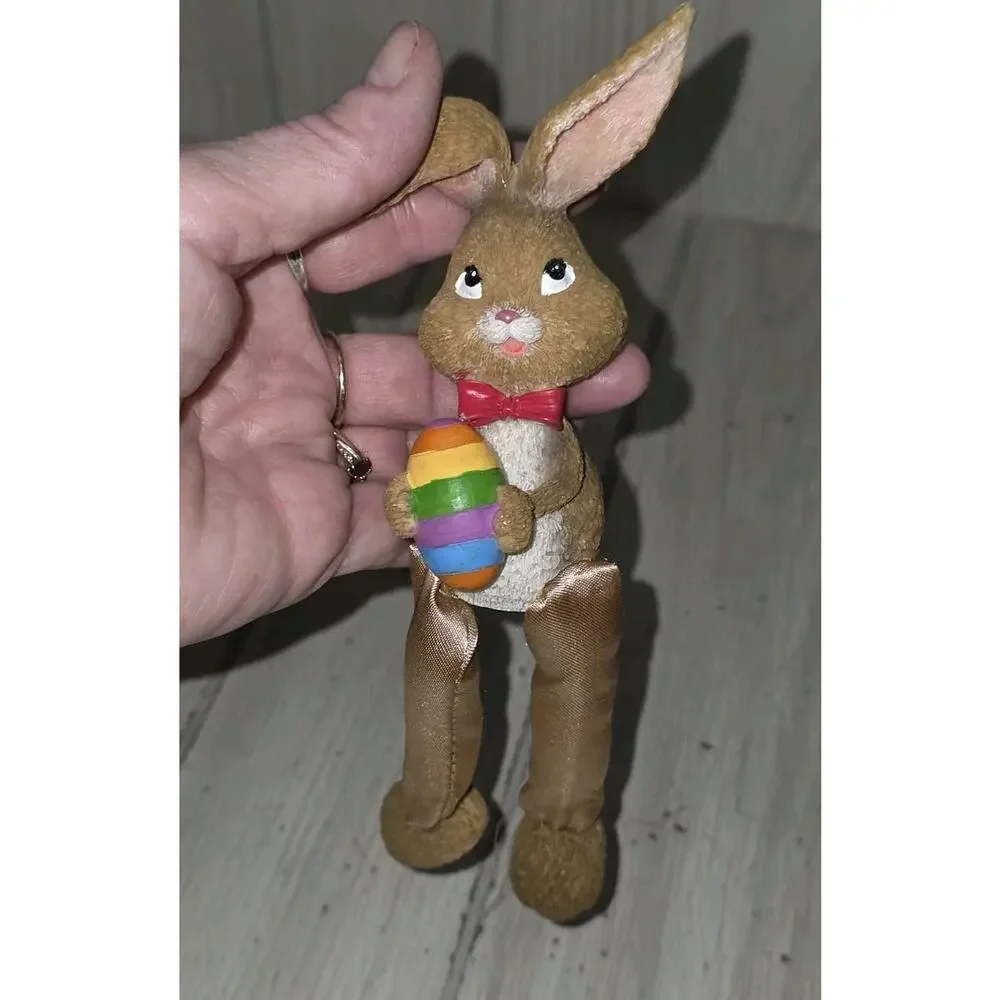 Vintage Wood Look Dangle Leg Easter Bunny Shelf Sitter With Rainbow Egg Cute